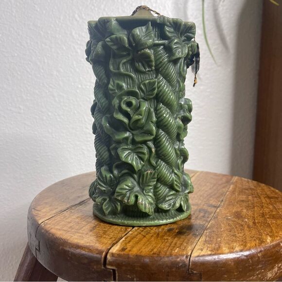 Vintage Large Green Carved German Bavarian Wax Pilar Candle 70s Vibes - Picture 6 of 14